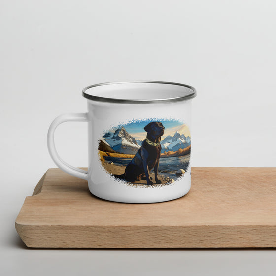 Product mockup of a black lab dog enamel camping coffee mug from River to Ridge Clothing Brand. Dog is wearing a camo collar