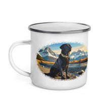 Product mockup of a black lab dog enamel camping coffee mug from River to Ridge Clothing Brand. Dog is wearing a camo collar