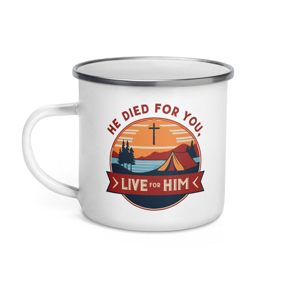 Product mockup of a Christian enamel camping mug from River to Ridge clothing brand featuring the saying "he died for you, live for him" and a camping scene in red and orange and blue