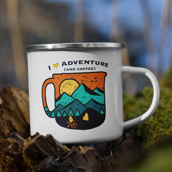 I love adventure and coffee logo enamel camping coffee cup from river to ridge clothing brand with a mountain camping logo