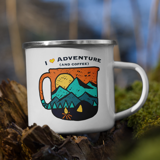 Enamel Camping Mug, I  Love Adventure (and Coffee)