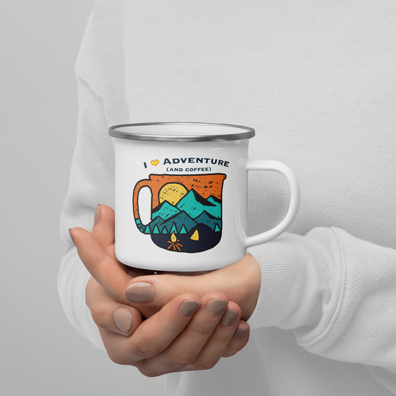 Enamel Camping Mug, I  Love Adventure (and Coffee) 12oz