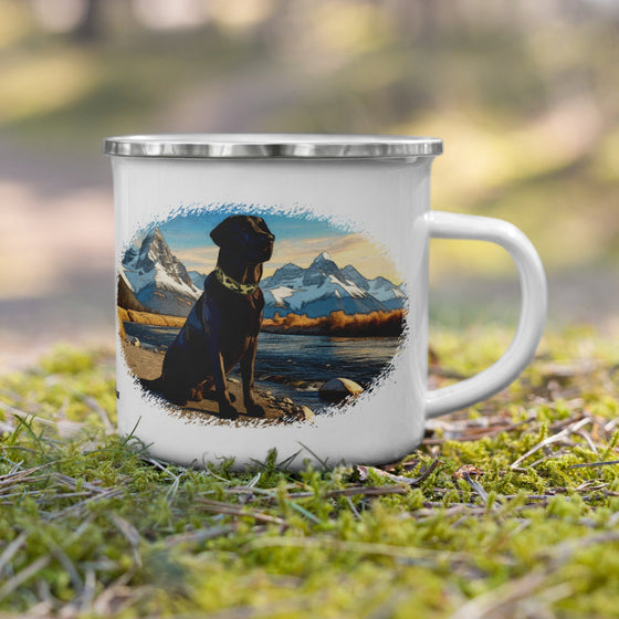 Product mockup of a black lab dog enamel camping coffee mug from River to Ridge Clothing Brand. Dog is wearing a camo collar