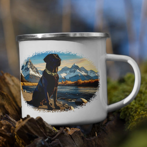 Product mockup of a black lab dog enamel camping coffee mug from River to Ridge Clothing Brand. Dog is wearing a camo collar