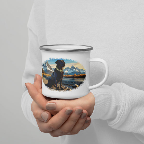 Product mockup of a black lab dog enamel camping coffee mug from River to Ridge Clothing Brand. Dog is wearing a camo collar