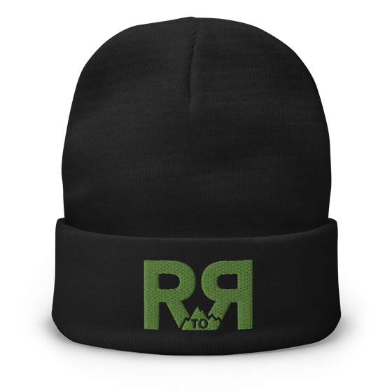 Product mockup of a River to Ridge Logo Beanie in black with green stitching R to R