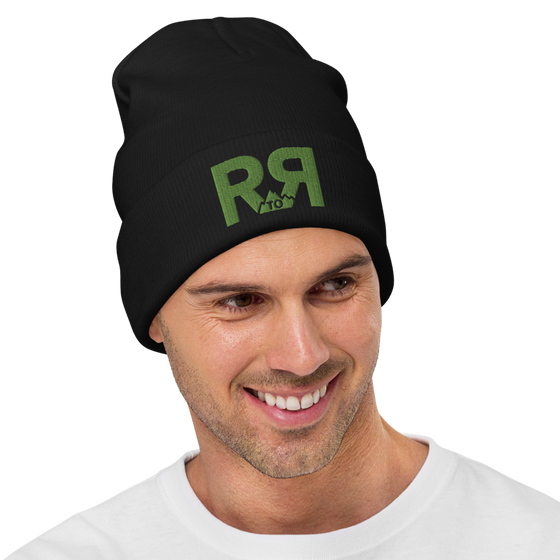 Product mockup of a River to Ridge Logo Beanie in black with green stitching R to R