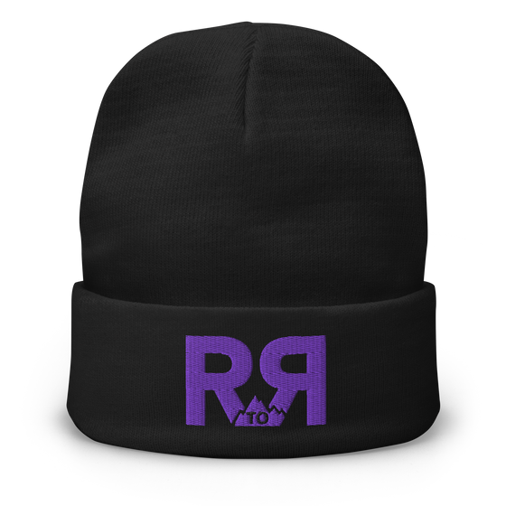 Product mockup of a River to Ridge Logo Beanie in black with purple stitching R to R