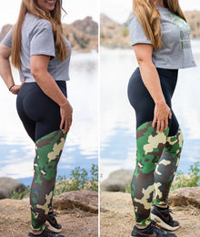  2 views of a woman wearing camo and black compression leggings and a crop top t shirt with red hair standing by watson lake in arizona. Leggings from River to Ridge Clothing brand