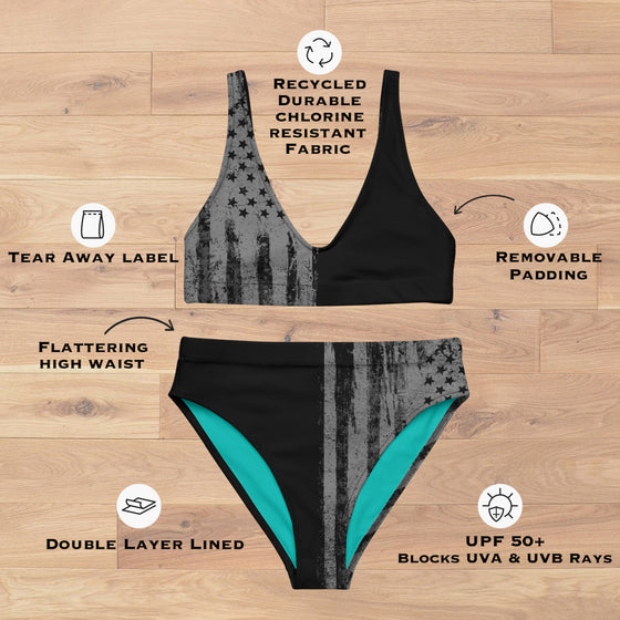 High Waist, Grey Flag Bikini, FREE Shipping, Padded UPF 50