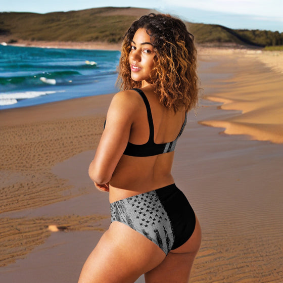 High Waist, Grey Flag Bikini, FREE Shipping, Padded UPF 50