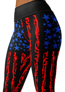  Womens Capri Leggings from River to Ridge Brand, close up photo of the pattern which is blue stars with red guns on black.