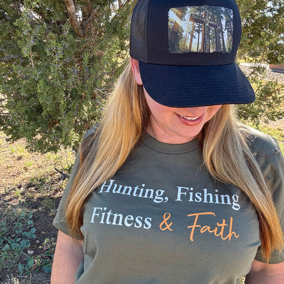 Hunting, Fishing, Fitness & Faith, Unisex T, Olive or Brown