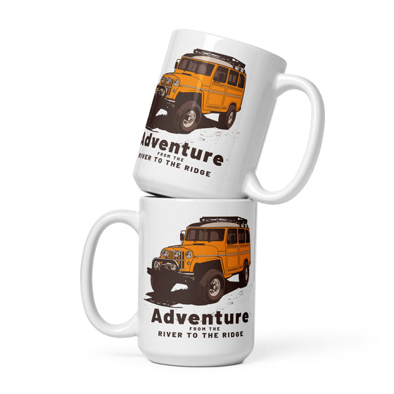 Adventure from the River to the Ridge Logo Coffee Mug with a landcruiser in yellow on it with big tires