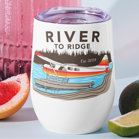 River to Ridge Brand Insulated Wine Tumbler with our Backcountry Taxi Logo, alaska bush plane