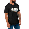 Person wearing a black t-shirt with a graphic design of a cross on a mountain landscape from River to Ridge Clothing.