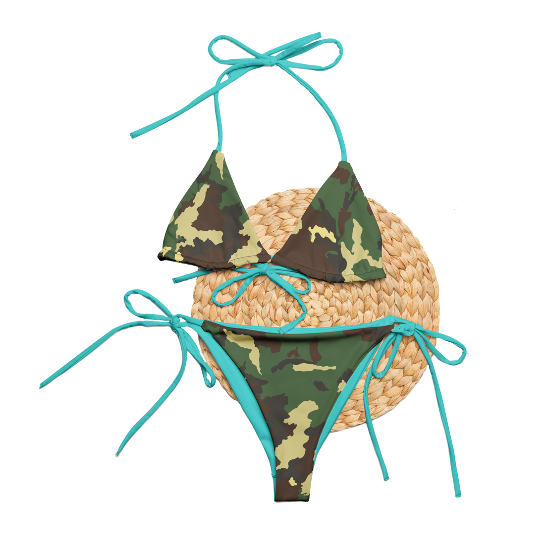  Camo and turquoise trim padded string bikini from River to Ridge Brand