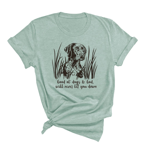 Mint green t-shirt with a dog graphic and text on a white background