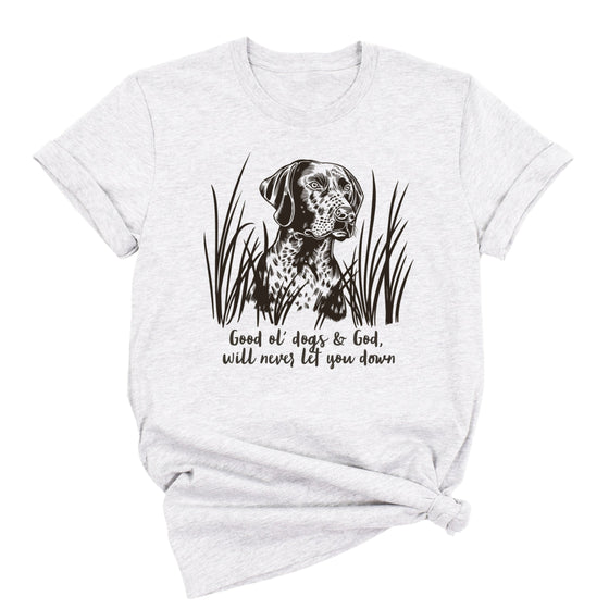 White t-shirt with a dog graphic and text on a white background