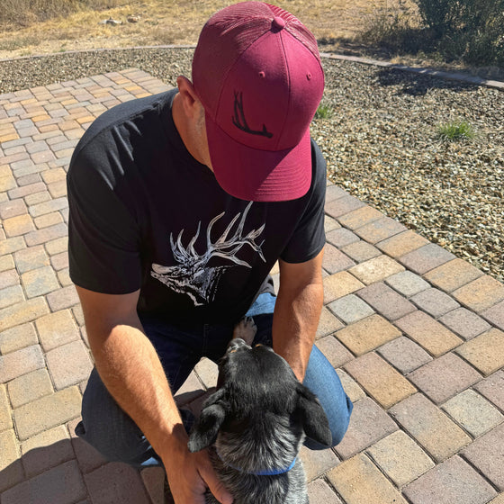 Product mockup of an antler logo shed hunting hat from River to Ridge Clothing company with a deer antler stitched on it on one side of the front and a guy wearing it and an elk t shirt with his blue heeler dog