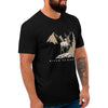 Man wearing a black t-shirt with a nature-themed Elk graphic design on a white background from River to Ridge Clothing