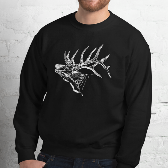 Mens elk hunting logo sweatshirt from river to ridge clothing brand, black with white bugling elk logo