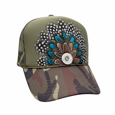 Camo Feather Western Trucker Hats, Optional Shotgun Shell or 30.06