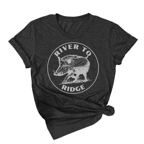 Dark gray t-shirt with 'River to Ridge' graphic on a white background