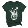 Green t-shirt with white graphic design featuring a deer, fish, and nature elements on a white background.