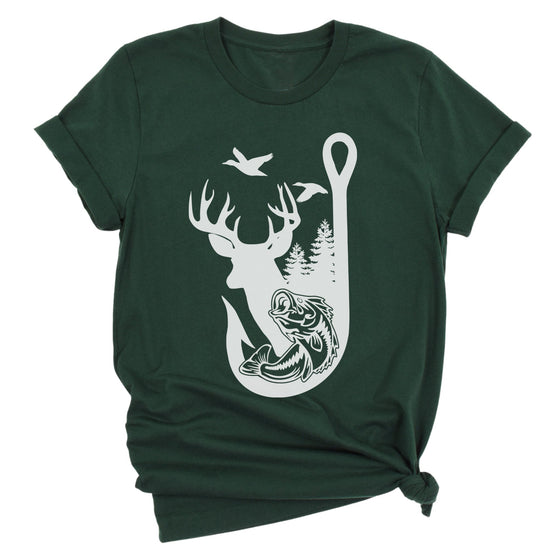 Green t-shirt with white graphic design featuring a deer, fish, and nature elements on a white background.
