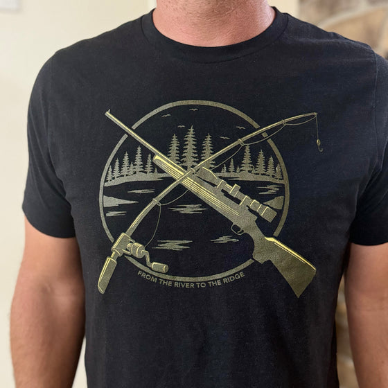 Hunting and Fishing Logo T shirt for Men from River to Ridge Clothing Brand in black, close up of a man wearing it