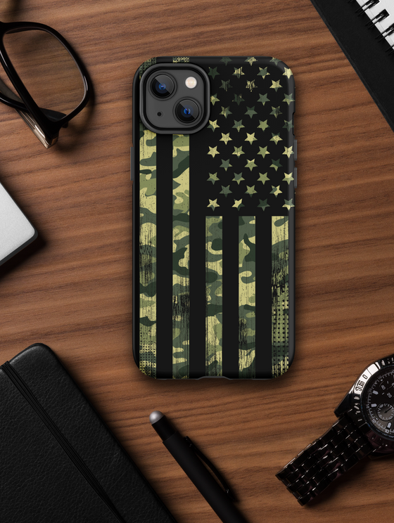 Camo Flag patriotic phone case from River to Ridge Clothing Brand, featuring the american flag in camo and black on an iphone