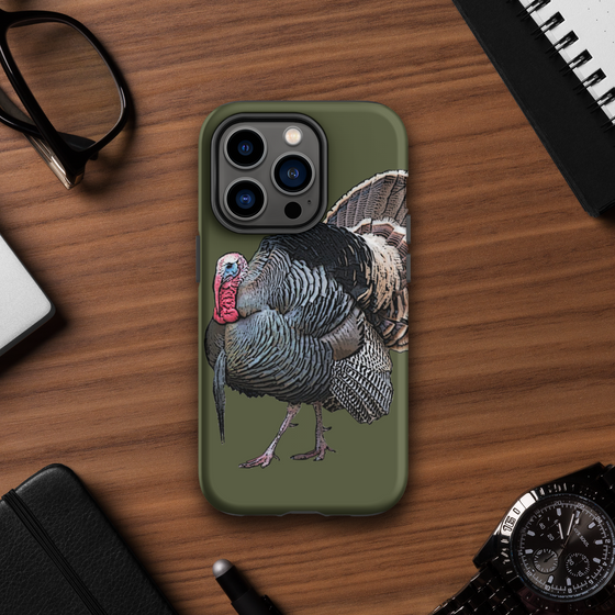 Dual Layer iPhone tough case in olive green with a gobbler turkey on it strutting from River to Ridge Clothing LLC