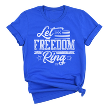  Blue t-shirt with white text 'Let Freedom Ring' on a white background