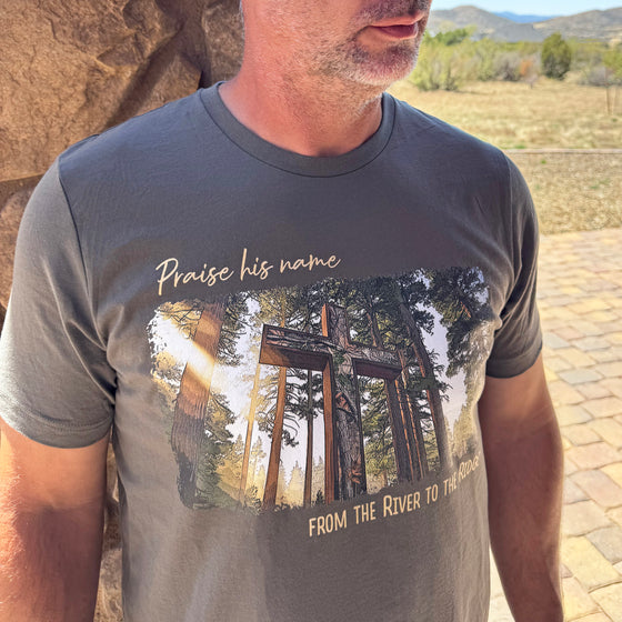 Praise His Name, Christian Outdoors Camo Cross T, Unisex