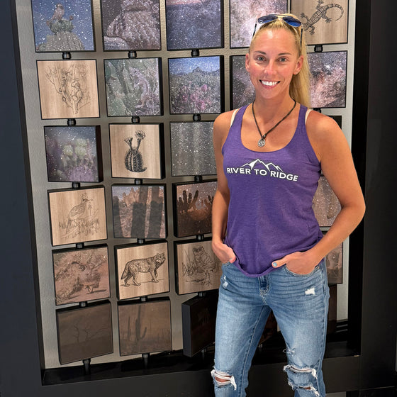River to Ridge Logo Racerback Tank, Purple or Black