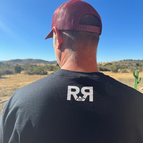 Men's River to Ridge Clothing brand Logo T shirt featuring the R to R mountain logo in black and white o the back of a mens shirt