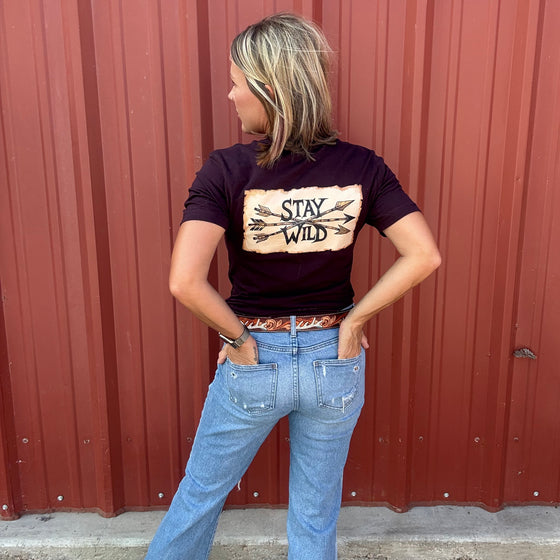 Women's Stay Wild Archery Back Print T, Ox Blood, Army or Brown