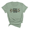 Mint green t-shirt with 'Stay Wild' text and arrows on a white background