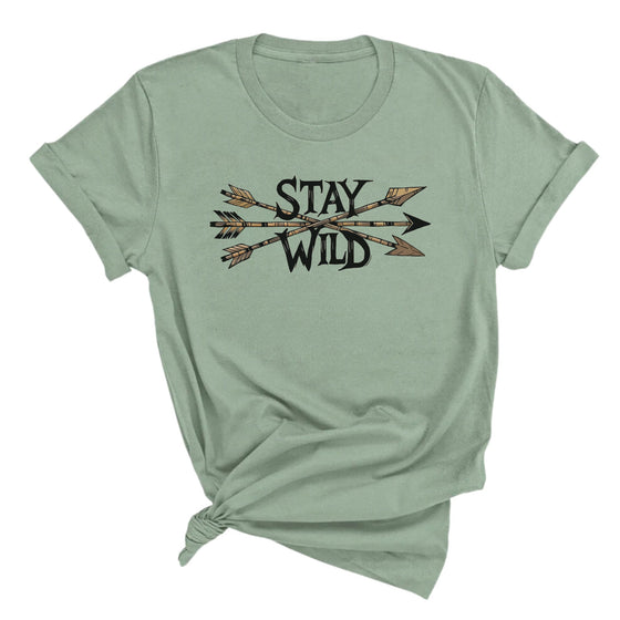 Mint green t-shirt with 'Stay Wild' text and arrows on a white background