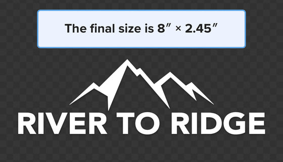 River to Ridge Brand Logo Sticker in white with a transparent background, featuring mountains and the brand name