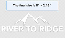  River to Ridge Brand Logo Sticker in white with a transparent background, featuring mountains and the brand name