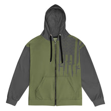 Green and gray hoodie with a zipper on a white background