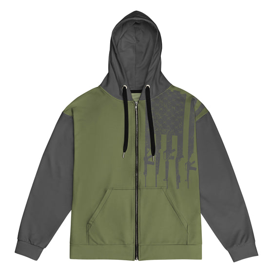Green and gray hoodie with a zipper on a white background