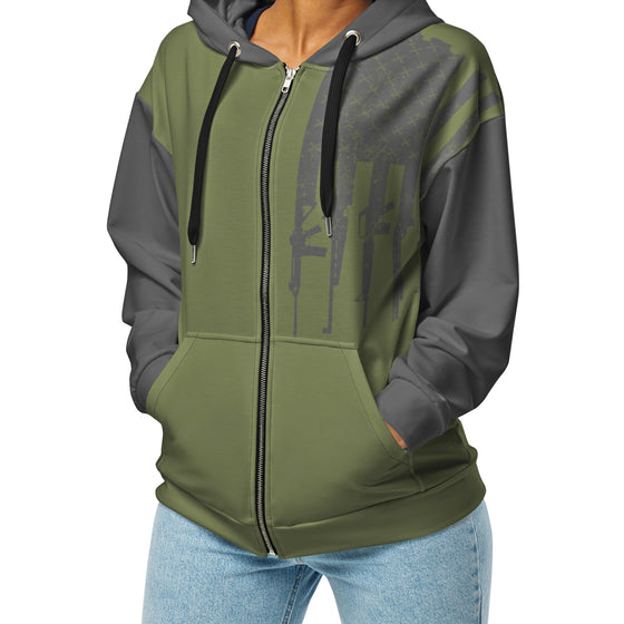 Green and gray hoodie with a zipper on a white background