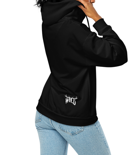 Back view of WILD zip up black hoodie from River to Ridge Brand, all black with a WILD Logo on the back hip in white with elk antlers