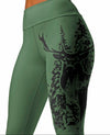 Green leggings with a deer design on a white background