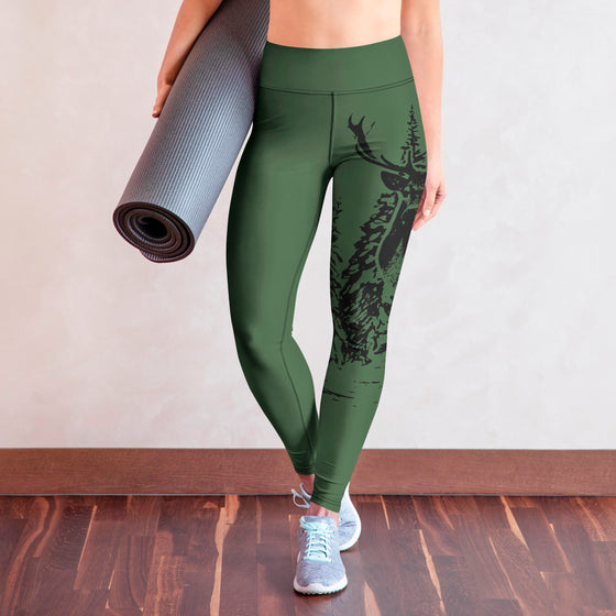 High Waist Non-Toxic Leggings, Woodland Antler Logo, Forest Green