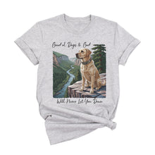  Gray t-shirt with a dog graphic and scenic design on a white background