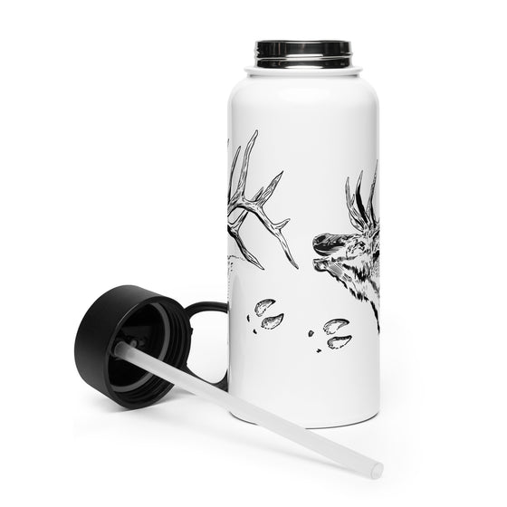 Product mockup of a 32 oz stainless steel Elk Logo water bottle in white with a black straw top from River to Ridge Clothing Brand with a bugling elk and bull elk tracks